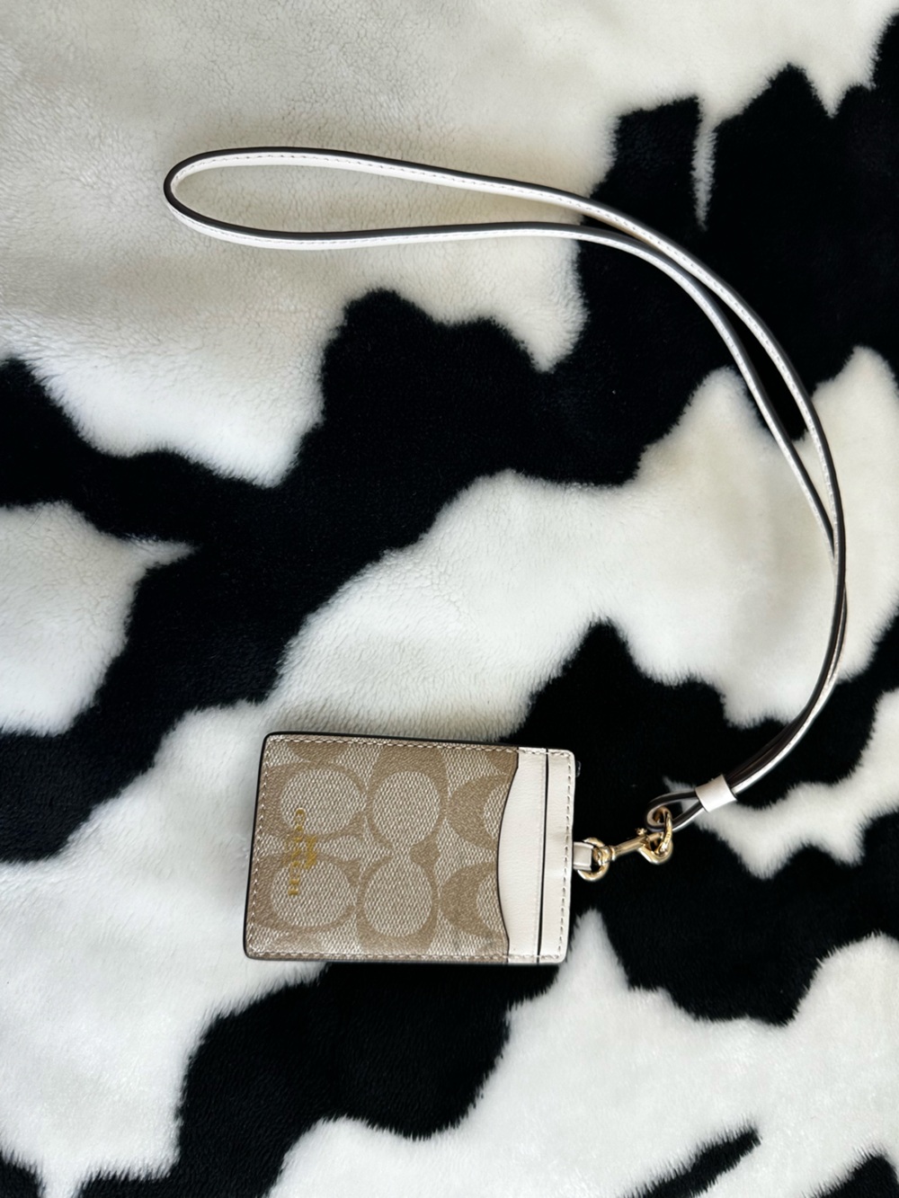 Coach Beige Monogram Card Case with White Trim and Gold Hardware